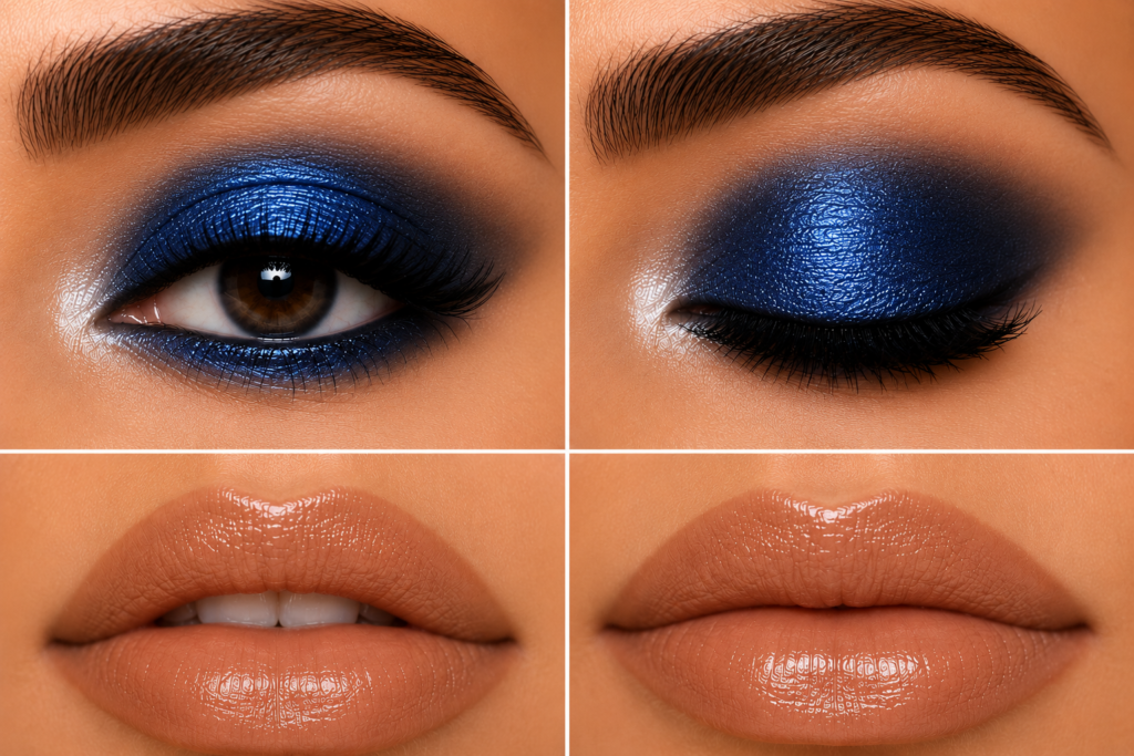 Metallic Blue Eyeshadow + Nude Gloss