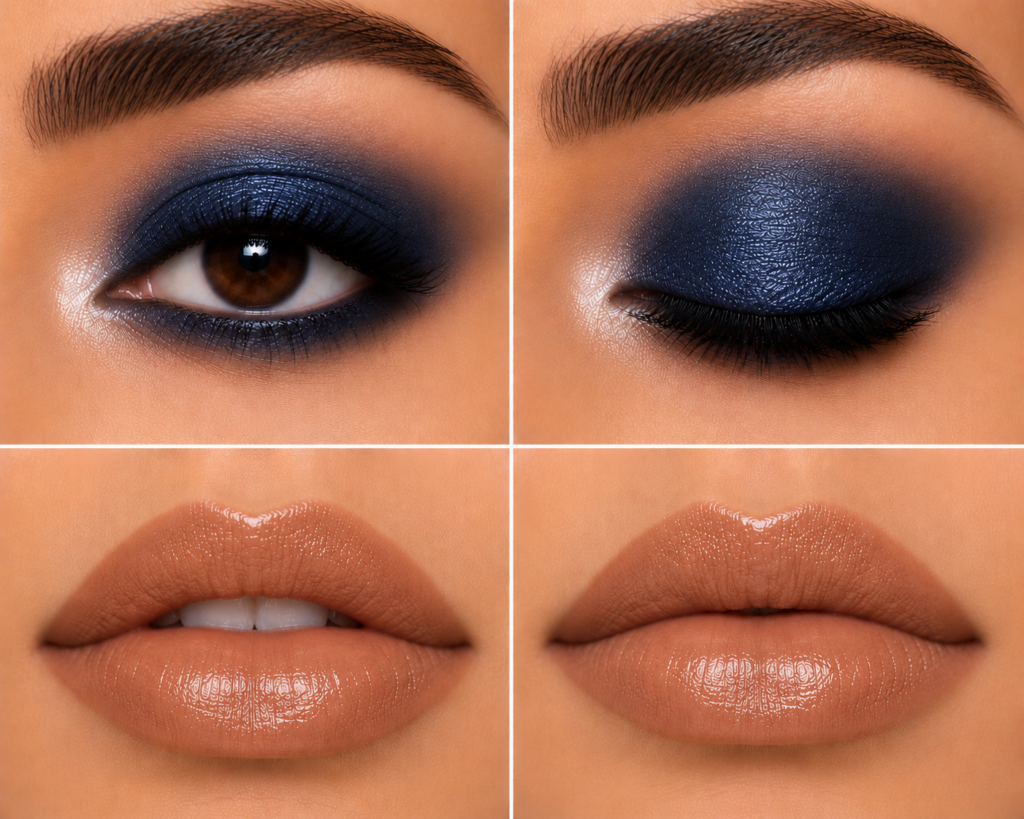 Navy Blue Smokey Eye + Caramel Nude
